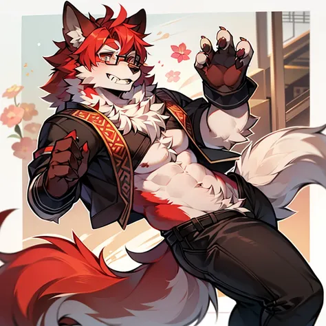 wear glasses,Red hair all over, Male wolf,short hair, Bright Eyes,The eyes are gray，With black bow，White belly，The tip of the tail is white，Meatballs Pink,hairy,hairy male ,Male focus,Flower charcoal,(Body hair, hairy尾巴, Red fur,),Long canine teeth，浑身hairy...