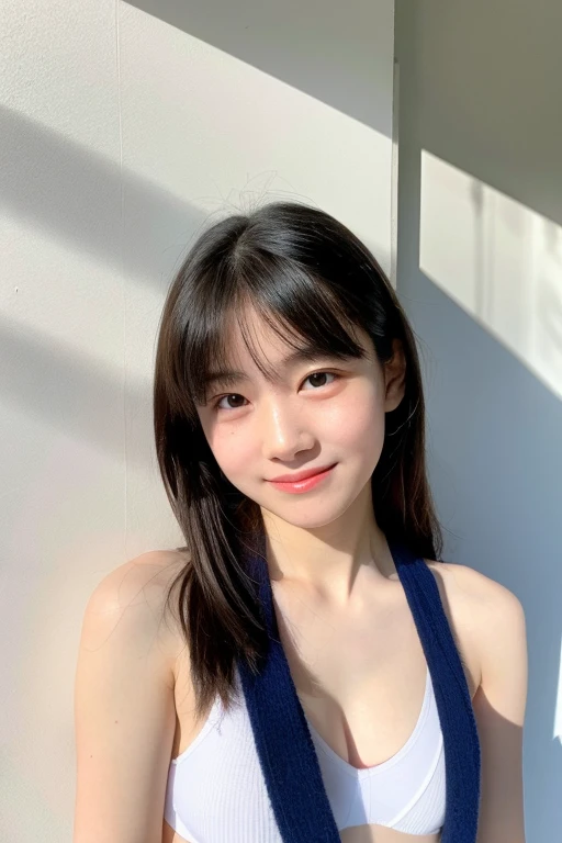 Realistic, Best Quality, Girl, Young Adult Woman Who Looks Like a High School Girl, High Resolution, Natural Skin, Portrait, Looking at Camera, Photo_Light, {{}}, Ulzzang-6500-v1.1:0.8 Facing forward, standing upright, no make-up, in front of an inorganic ...