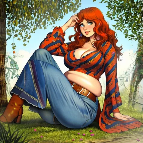 (masterpiece), (best quality), realistic, pudgy hippie, curvy body, 70s style clothing