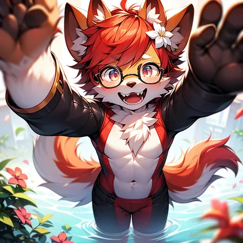 wear glasses,Red hair all over, Male wolf,short hair, Bright Eyes,The eyes are gray，With black bow，White belly，The tip of the tail is white，Meatballs Pink,hairy,hairy male ,Male focus,Flower charcoal,(Body hair, hairy尾巴, Red fur,),Long canine teeth，浑身hairy...