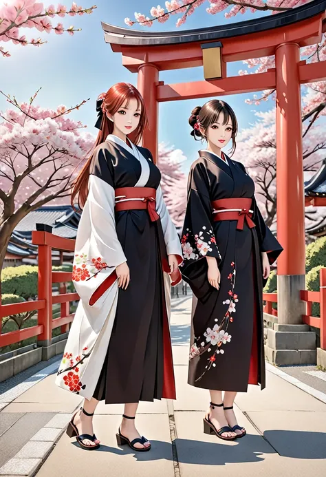 ((masterpiece,highest quality)),two girls, black kimono, black legwear, black ribbon, black hair, cherry blossoms, day, flower, ...