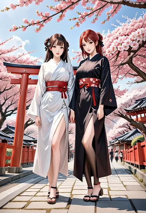 ((masterpiece,highest quality)),two girls, black kimono, black legwear, black ribbon, black hair, cherry blossoms, day, flower, ...