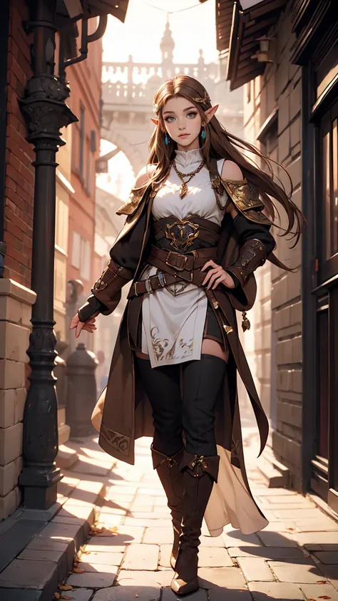 Princess Zelda full body shot, Brown Hair, blue eyes, Dressed as an Assassin&#39;s Creed Assassin, white+金色でwhiteいマスクと金色のディテールが施されたフード, XL Bust, Using the Wrist Blade. background: Renaissance city. Unreal Engine 5, anime, anime style, masterpiece, Well dra...