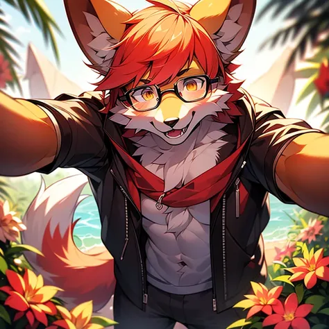 wear glasses,Red hair all over, Male wolf,short hair, Bright Eyes,The eyes are gray，With black bow，White belly，The tip of the tail is white，Meatballs Pink,hairy,hairy male ,Male focus,Flower charcoal,(Body hair, hairy尾巴, Red fur,),Long canine teeth，浑身hairy...