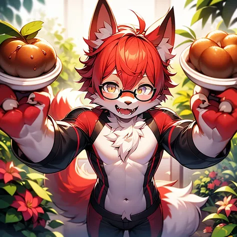 wear glasses,Red hair all over, Male wolf,short hair, Bright Eyes,The eyes are gray，With black bow，White belly，The tip of the tail is white，Meatballs Pink,hairy,hairy male ,Male focus,Flower charcoal,(Body hair, hairy尾巴, Red fur,),Long canine teeth，浑身hairy...