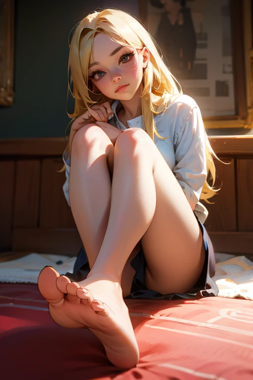 1girl, solo, long hair, blonde hair, shirt, sitting, closed mouth, barefoot, indoors, feet, lips, toes, soles, foreshortening, realistic, foot focus