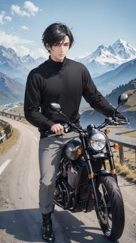 (masterpiece, Best quality, high resolution, ultra detail), (beautiful and aesthetic: 1.2), ((1 man)) ((black hair)), ((short hair)), ((Gray eyes)), Male focus, (slight smile: 0.8), detailed eyes and face, trousers, sweater, boots, urban style, motorcycle,...