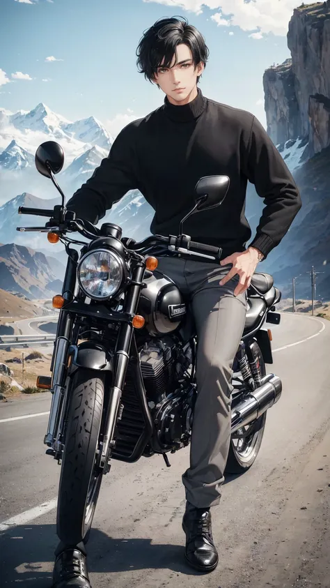 (masterpiece, Best quality, high resolution, ultra detail), (beautiful and aesthetic: 1.2), ((1 man)) ((black hair)), ((short hair)), ((Gray eyes)), Male focus, (slight smile: 0.8), detailed eyes and face, trousers, sweater, boots, urban style, motorcycle,...