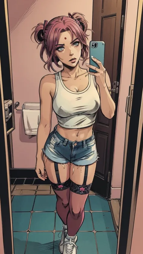 vector image:1.2, 2d cartoon,masterpiece, An anime woman, blush,colored hair, bold makeup, slave look, nylon stockings with garters:1.2, denim shorts, sporty top, horny pose:1.1, gloomy orgasm, horny, sneakers, takes selfie, in restroom, full body