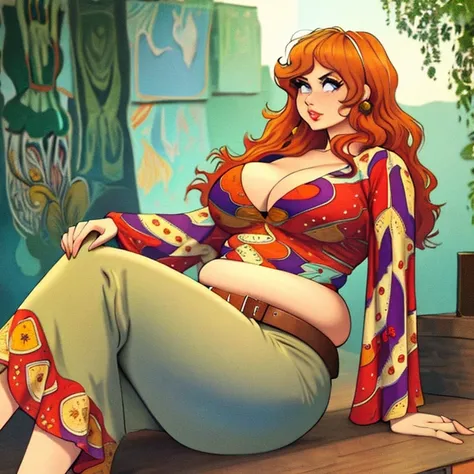 (masterpiece), (best quality), realistic, pudgy hippie, curvy body, 70s style clothing,