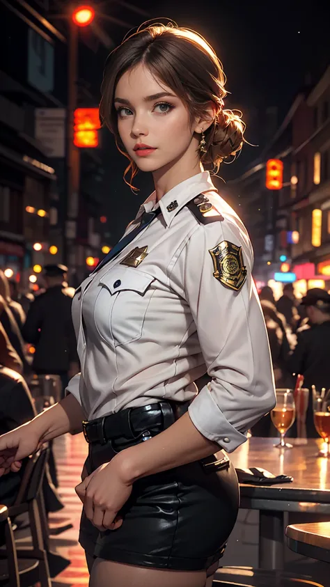 alone, (Police uniform, Female police officer), stockings, City lights, (Looking at the audience: 1.3), Release your lips, Red lips, Shiny skin, Skin dents, highest quality, Ultra-high resolution, (realism: 1.4)