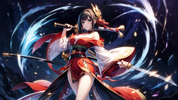 masterpiece, best quality, absurdres, Fantasy world character design with Japanese elements, many parts,long katana, off-shoulders, short skirt, jlfd, 