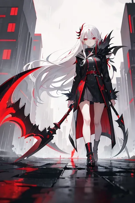 Red eyes and white hair, long hair, reaper scythe, walking in the rain