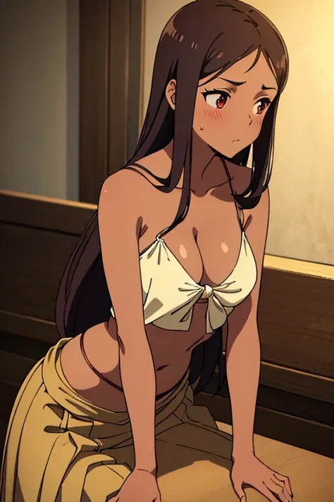 (detailed), perfect face, brown skin anime woman in a deep V-neck tied top, (bare shoulders), (long skirt), (long hair), starved as hell, (resting hands on the stomach), (hands on the stomach), (slim woman), (smooth and shiny skin), worried, light blush, (...