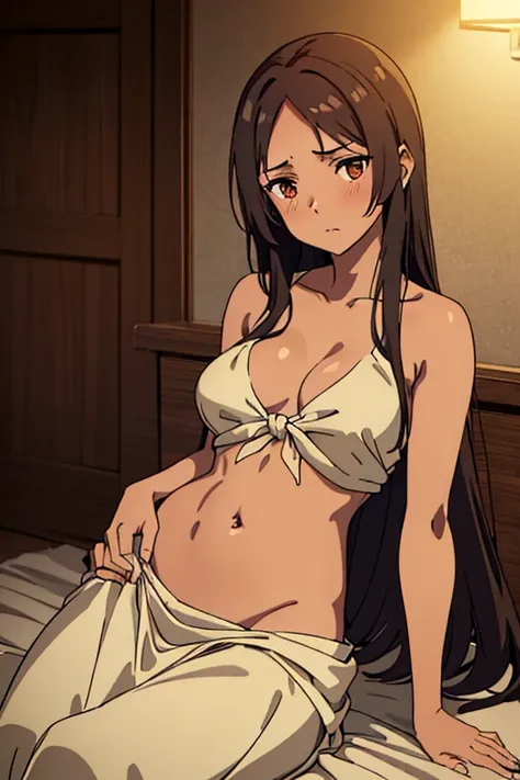 (detailed), perfect face, brown skin anime woman in a deep V-neck tied top, (bare shoulders), (long skirt), (long hair), starved as hell, (resting hands on the stomach), (hands on the stomach), (slim woman), (smooth and shiny skin), worried, light blush, (...