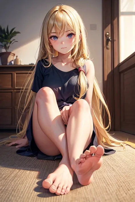 1girl, solo, long hair, blonde hair, shirt, sitting, closed mouth, barefoot, indoors, feet, lips, toes, soles, foreshortening, realistic, foot focus