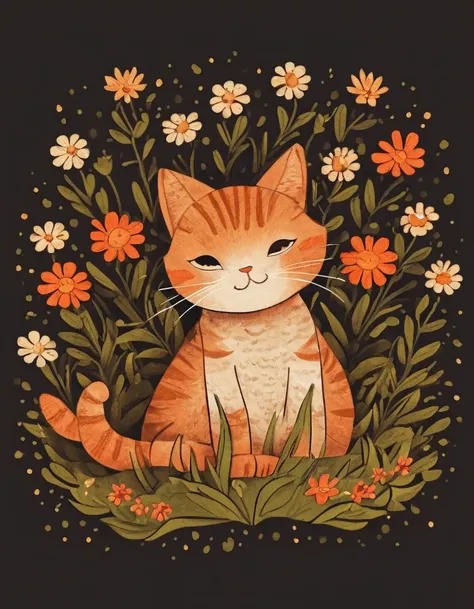 nelli_estilo de arte, a cartoon cat is lying on its back in a field of flowers.