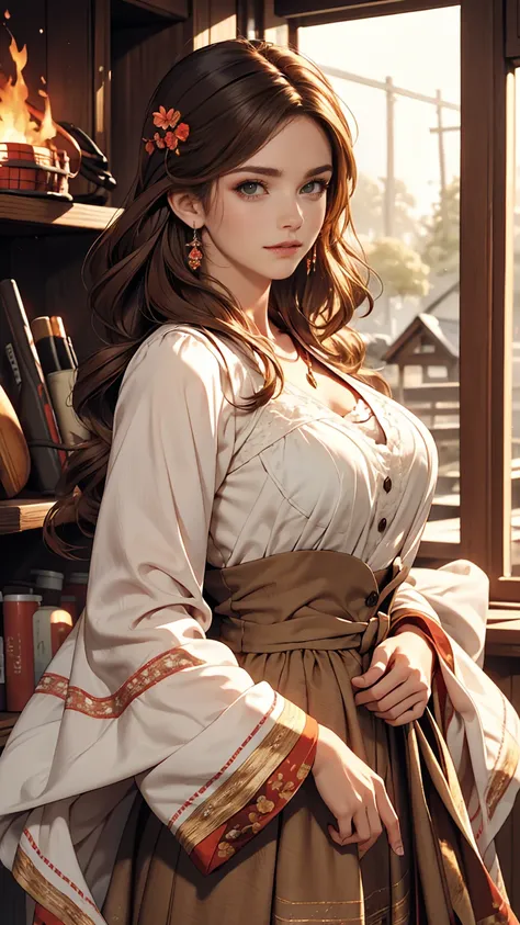 Luma is a gracious person, She is beautiful、Has a strong attitude, Her breasts are voluminous, Feminine pear-shaped silhouette, Auburn Hair, long Auburn Hair, She has expressive eyes, ( Eyes are olive green) Her skin turns white、Light freckles on the cheek...