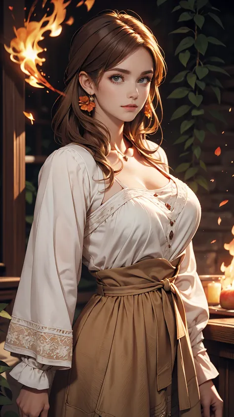 Luma is a gracious person, She is beautiful、Has a strong attitude, Her breasts are voluminous, Feminine pear-shaped silhouette, Auburn Hair, long Auburn Hair, She has expressive eyes, ( Eyes are olive green) Her skin turns white、Light freckles on the cheek...