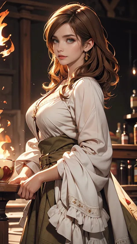 Luma is a gracious person, She is beautiful、Has a strong attitude, Her breasts are voluminous, Feminine pear-shaped silhouette, Auburn Hair, long Auburn Hair, She has expressive eyes, ( Eyes are olive green) Her skin turns white、Light freckles on the cheek...