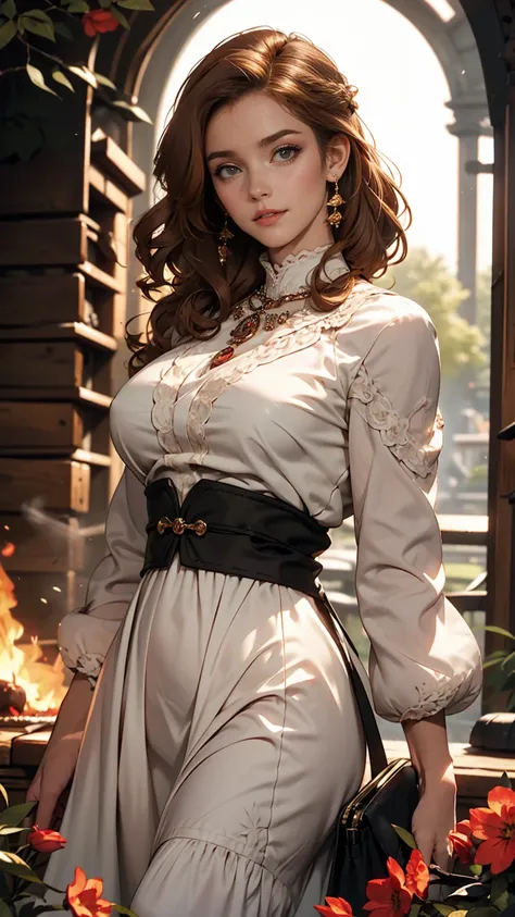 Luma is a gracious person, She is beautiful、Has a strong attitude, Her breasts are voluminous, Feminine pear-shaped silhouette, Auburn Hair, long Auburn Hair, She has expressive eyes, ( Eyes are olive green) Her skin turns white、Light freckles on the cheek...