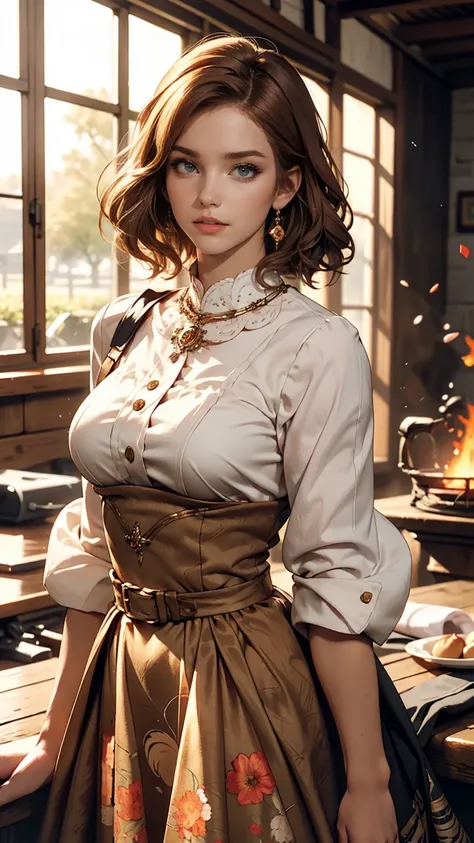 Luma is a gracious person, She is beautiful、Has a strong attitude, Her breasts are voluminous, Feminine pear-shaped silhouette, Auburn Hair, long Auburn Hair, She has expressive eyes, ( Eyes are olive green) Her skin turns white、Light freckles on the cheek...