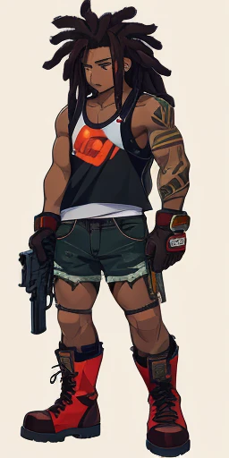 dark skin middle aged small, tired and moody, messy black dreads, tattoos, in handcuffs, wearing graphic design jacket, ripped shorts, gloves , tank top, holding gun, red boots, cute