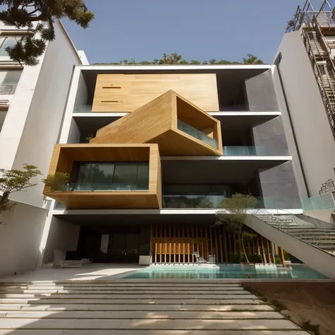 Close-up of a building with stairs and stairs, Geometric masterpieces, modern architecture, Award-winning architecture, Unique architecture, Ocean, Inter Dimension Villa, housing architecture, modern architecture, Arch Daily, Architecture Award Winner, Ama...