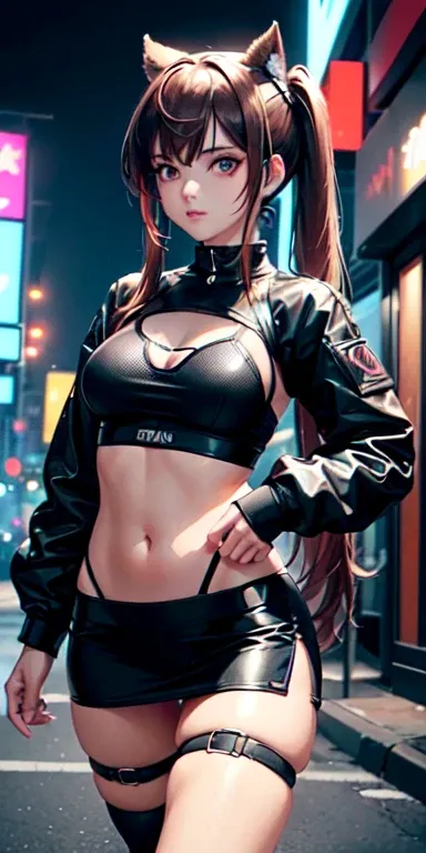 (((professional: step by step, considering even the smallest detail god level final result))): "Zettai Ryouiki, with medium light brown hair and two pigtails above her ears, 50% Revealing clothing, Show skin, ((Rave shirt, Low-cut shirt, Rave miniskirt, Vi...