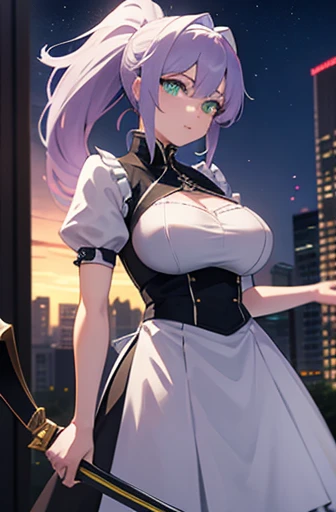 4K,High resolution,One Woman,White purple hair,Long Ponytail,Green Eyes,knight,白色のknightの鎧,Heavy Armor,Maid clothes,Long sword,In the city