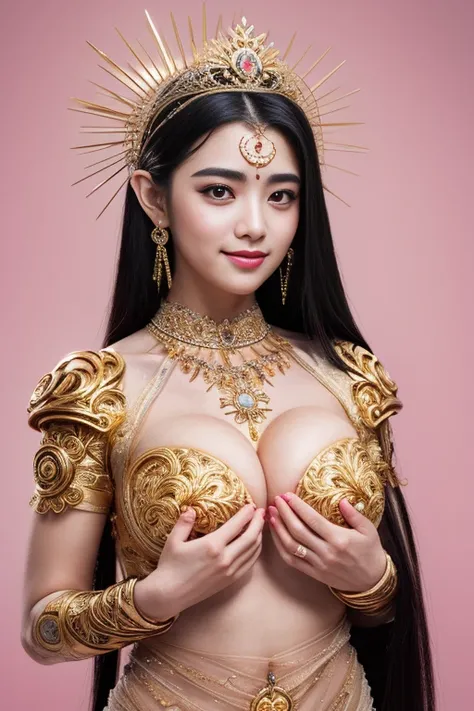 A meditation Goddes, detailed Thailand girl face, (extremely detailed intricate mechanical tiara :1.2), made from gold, (reflection:1.1),  bright skins, (spread arms), intricate detail, best quality, natural lighting, blue sky and clouds,  long black hair,...