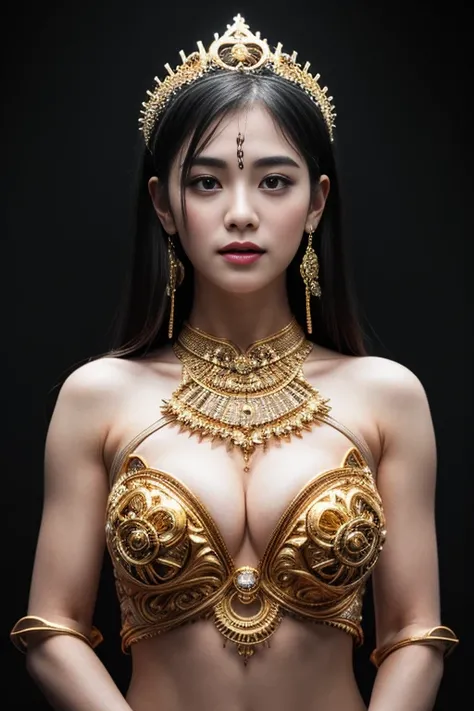 A meditation Goddes, detailed Thailand girl face, (extremely detailed intricate mechanical tiara :1.2), made from gold, (reflection:1.1),  bright skins, (spread arms), intricate detail, best quality, natural lighting, blue sky and clouds,  long black hair,...