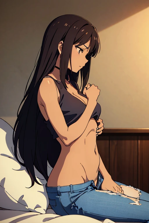 (detailed), perfect face, brown skin anime woman in a deep V-neck tied top, (bare shoulders), (jeans), (long hair), starving, (resting hands on the stomach), (hands on the stomach), (slim woman), (smooth and shiny skin), tired, eyes closed, lying down, ((p...