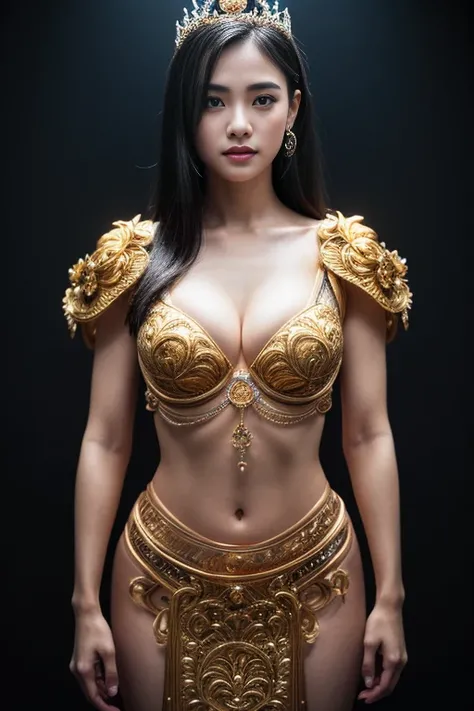 A meditation Goddes, detailed Thailand girl face, (extremely detailed intricate mechanical tiara :1.2), made from gold, (reflection:1.1),  bright skins, (spread arms), intricate detail, best quality, natural lighting, blue sky and clouds,  long black hair,...