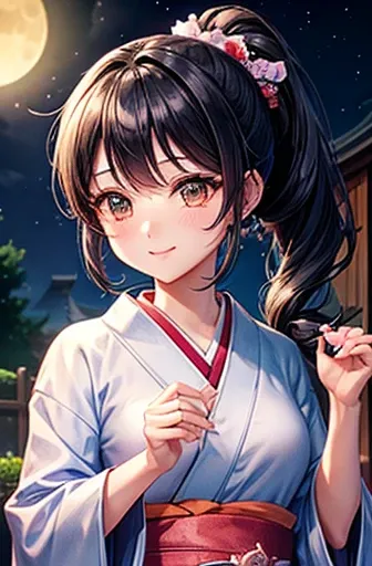 highest quality、、very cute、Terenas face、ponytail、Moonlit Night、Black Hair、School、I want to blush、Staring at this、Wink、Sparkling、kimono、Serve tea