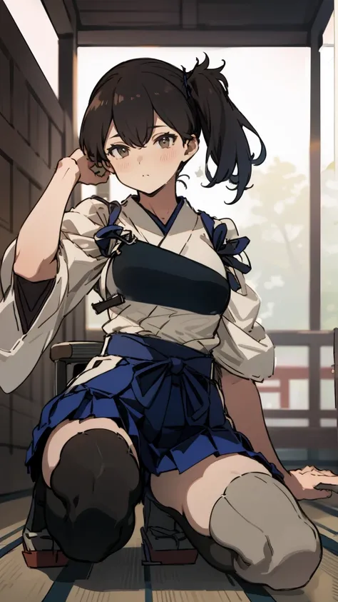 (masterpiece, highest quality) detailed, kaga (kancolle), {{kaga kai ni (kancolle)}}, side ponytail, brown eyes, black long hair, black thighhighs, short skirt, hakama skirt, japanese clothes, , blue hakama, hakama, muneate, tasuki, whole body,Chinese elem...