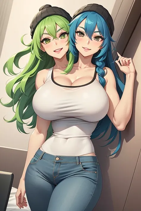 2 heads, a tall thin woman with 2 heads. Massive breasts. In a bedroom. Laying down on back. Wearing tight tank top and jeans. Wearing a beanie hat. Neon hair. Young. Happy, smiling. Thin face. Sexy, seductive. Sexy tall slim body. Enormous tits. Big lips....