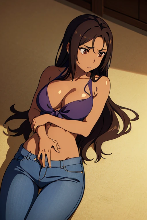 (detailed), perfect face, brown skin anime woman in a deep V-neck tied top, (bare shoulders), (jeans), (long hair), starving, (resting hands on the stomach), (hands on the stomach), (slim woman), (smooth and shiny skin), lying down, ((best quality)), ((mas...