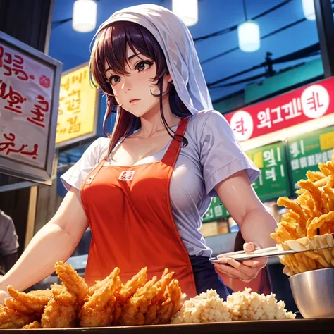 A woman with a towel wrapped around her head making a large amount of tempura at a Korean night market　highest quality　Wearing an apron