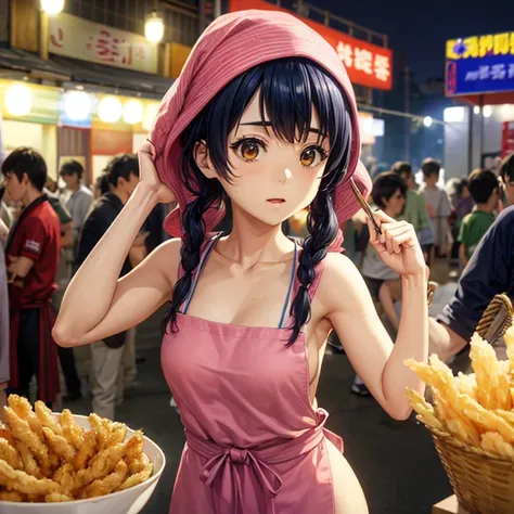 A woman with a towel wrapped around her head making a large amount of tempura at a night market in Korea　highest quality　Wearing an apron