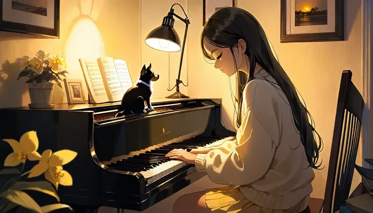 a dusk,
a girl sits in a cozy corner, draw a piano.
the soft yellow light of a desk lamp illuminates her thoughtful expression, ...