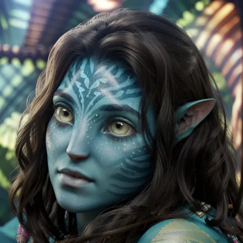 avatar style, (face portrait:1.6), naavi, 1girl, female, (green eyes), (big eyes), ((eyebrowless)), pointy ears, (turquoise skin...