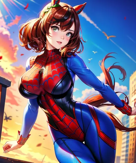 nicenature ,beautiful woman ,detailed the outlined body with spider-man cosplay, very large breasts,tits big