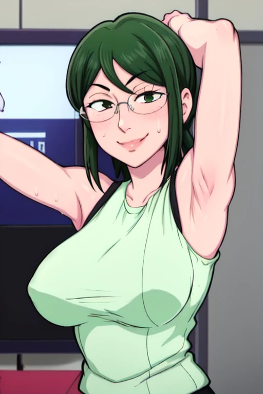 masterpiece, best quality, hanako koyanagi, looking at viewer, large breasts, upper body, portrait, looking at viewer, seductive smile,put your hands behind your head, armpits, armpits visible, sweaty armpits, long hair, green hair, office outfit, wearing ...