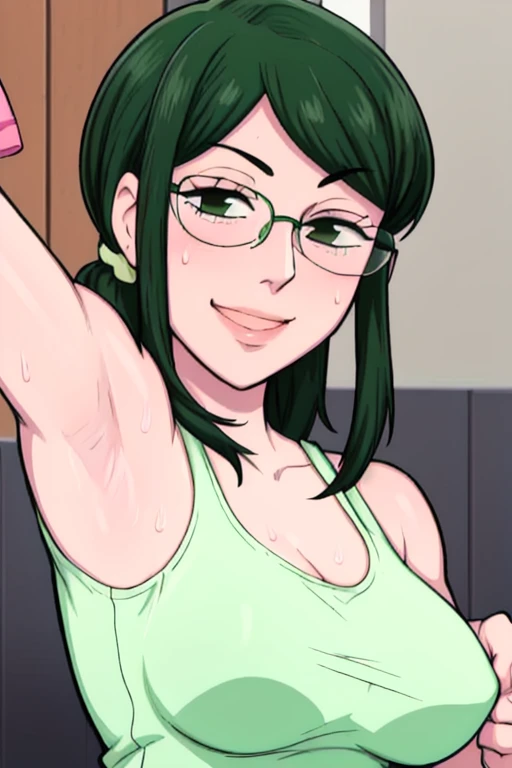 masterpiece, best quality, hanako koyanagi, looking at viewer, large breasts, upper body, portrait, looking at viewer, seductive smile,put your hands behind your head, armpits, armpits visible, sweaty armpits, long hair, green hair, wearing tanktop no bra,...