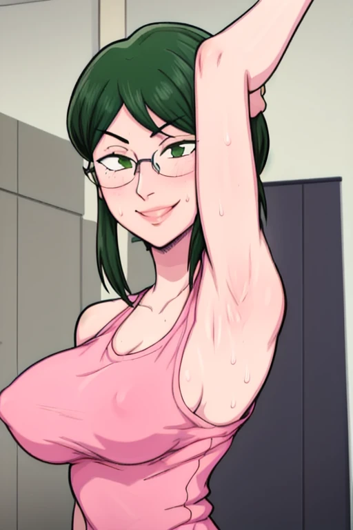 masterpiece, best quality, hanako koyanagi, looking at viewer, large breasts, upper body, portrait, looking at viewer, seductive smile,put your hands behind your head, armpits, armpits visible, sweaty armpits, more sweaty armpits,long hair, green hair, wea...