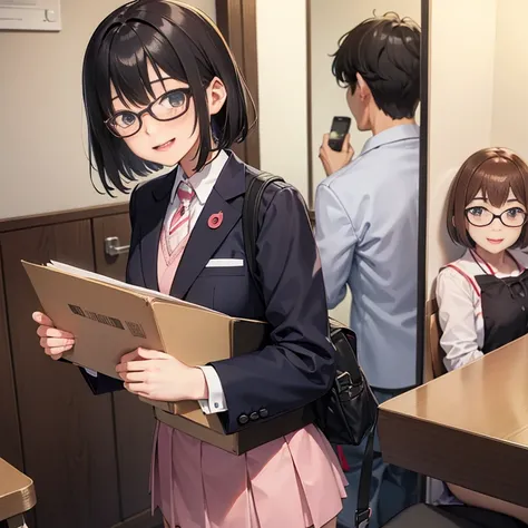 A smile full of happiness、Breathless face、Japanese High School Girl、Just arrived at the meeting、Checked ailor suit、sweating、Excited facial expression、short hair、Glasses