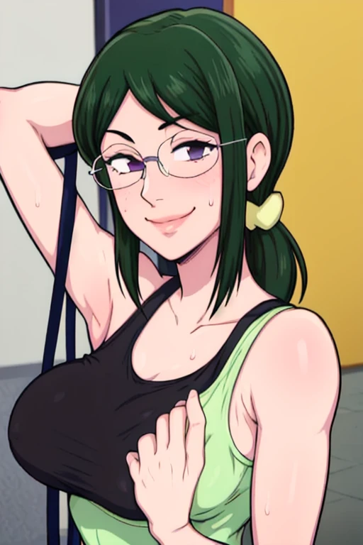 masterpiece, best quality, hanako koyanagi, solo,looking at viewer, large breasts, upper body, portrait, looking at viewer, seductive smile,put your hands behind your head, armpits, armpits visible, sweaty armpits, more sweaty armpits,long hair, green hair...