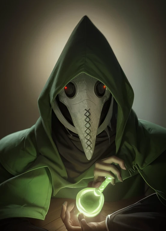 Plague doctor holding a glowing green potion 