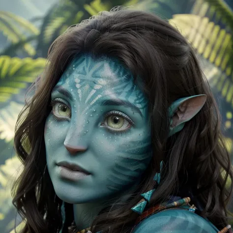 avatar style, (face portrait:1.6), naavi, 1girl, female, (green eyes), (big eyes), ((eyebrowless)), pointy ears, (turquoise skin...